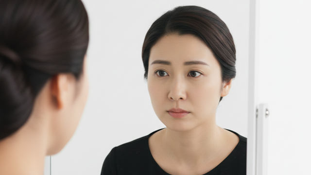 葬式メイクをする前のすっぴんの顔で鏡を見つめる女性