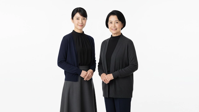 お通夜に参列する紺色・濃いグレー・黒色のモノトーン系のカーディガン・スカートやパンツでコーディネートした女性