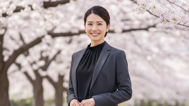 お葬式向けの平服の女性で通勤用のダークスーツと黒いブラウスを着用している