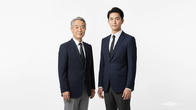 お通夜に参列する白いワイシャツと黒いネクタイをしたモノトーン系のコーディネートの高齢の男性と若い男性