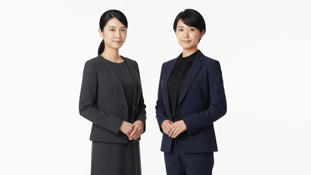 お通夜に参列する濃いグレーのダークスーツと黒いブラウスと紺色のパンツスーツを着た女性