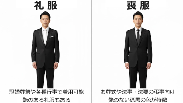 礼服と喪服の違いについて喪服の特徴的な艶のない漆黒の色を比較した解説図