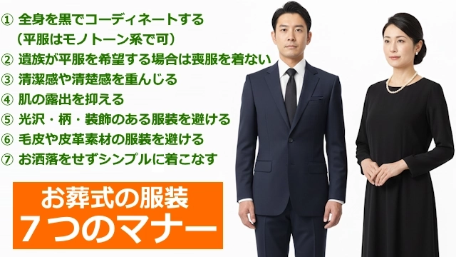 お葬式の服装のマナーについて7つのポイントをテキストと男女の具体例の写真で解説