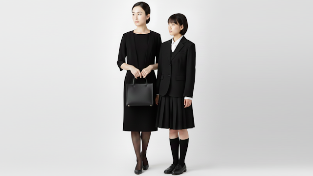 お葬式に参列する女性と女の子の理想的な全身の姿