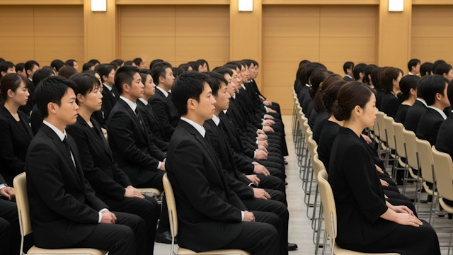 お葬式で斎場に大勢の参列者が喪服姿で着席しているシーン