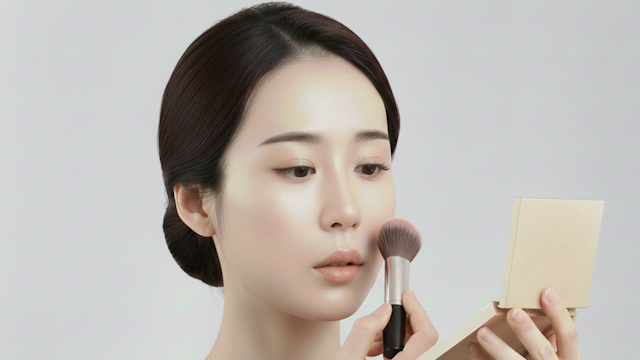 葬式メイクで頬にベージュピンクのチークを塗って健康的な顔色に補正している女性