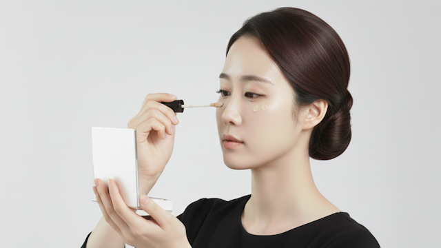 葬式メイクでコンシーラーにより目の下のクマやくすみを隠すように補正している女性