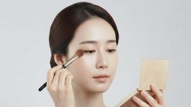 葬式メイクでベージュブラウンのアイシャドウをアイホールに塗っている女性