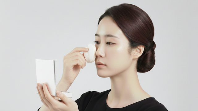 葬式メイクでパウダーファンデーションを顔に薄塗りしている女性