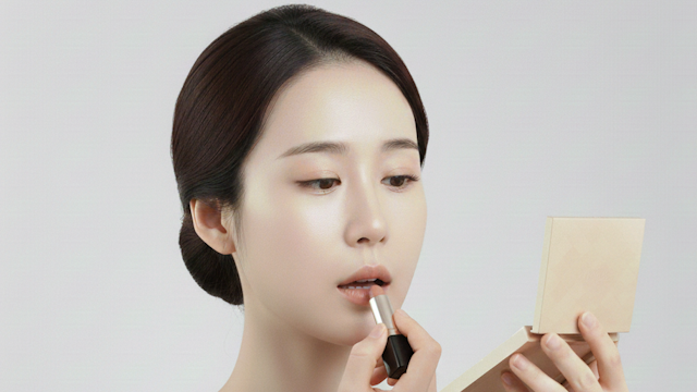 葬式メイクでベージュピンクのマットリップクリームを唇に塗っている女性