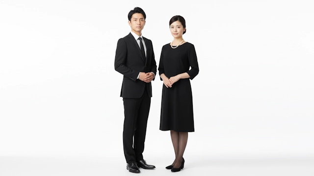 準喪服として一般的な漆黒の洋装をしている男女