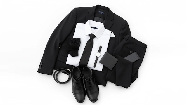 男性の喪服に必要なアイテムをすべて揃えた写真