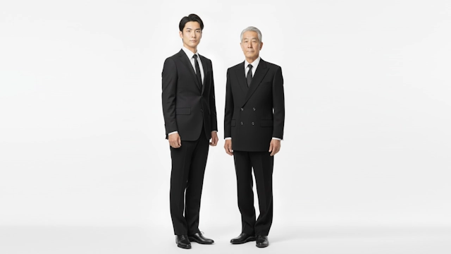 シングルジャケットの喪服を着た若い男性とダブルジャケットの喪服を着た高齢の男性