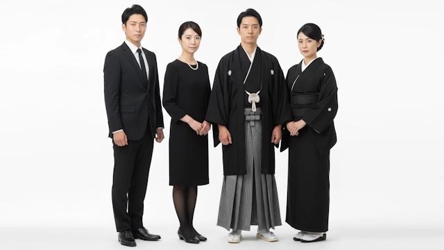 洋装の喪服の男女と和装の喪服を着用した全身の姿