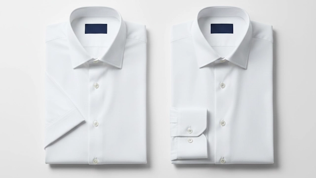 男性用の白い無地の半袖のワイシャツと長袖のワイシャツ