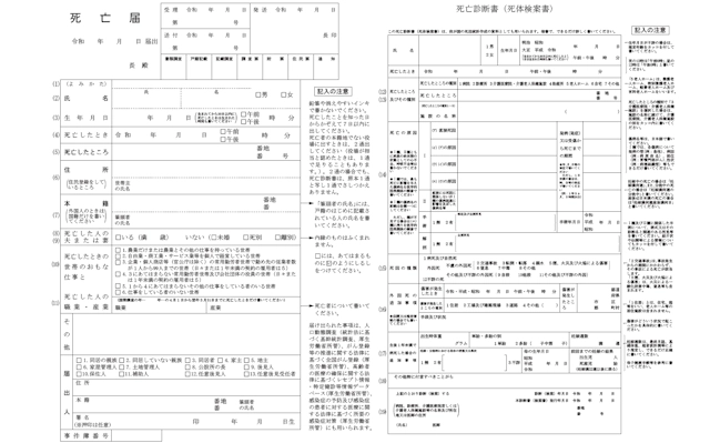 死亡届と死亡診断書の一体になったA3サイズの書類フォーマット